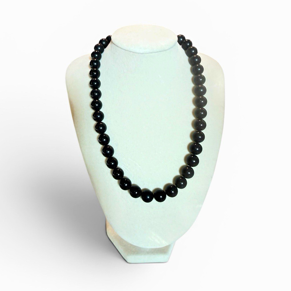 Black Onyx Round Beaded Necklace, Silver Barrel Clasp Ball/Bead Chain