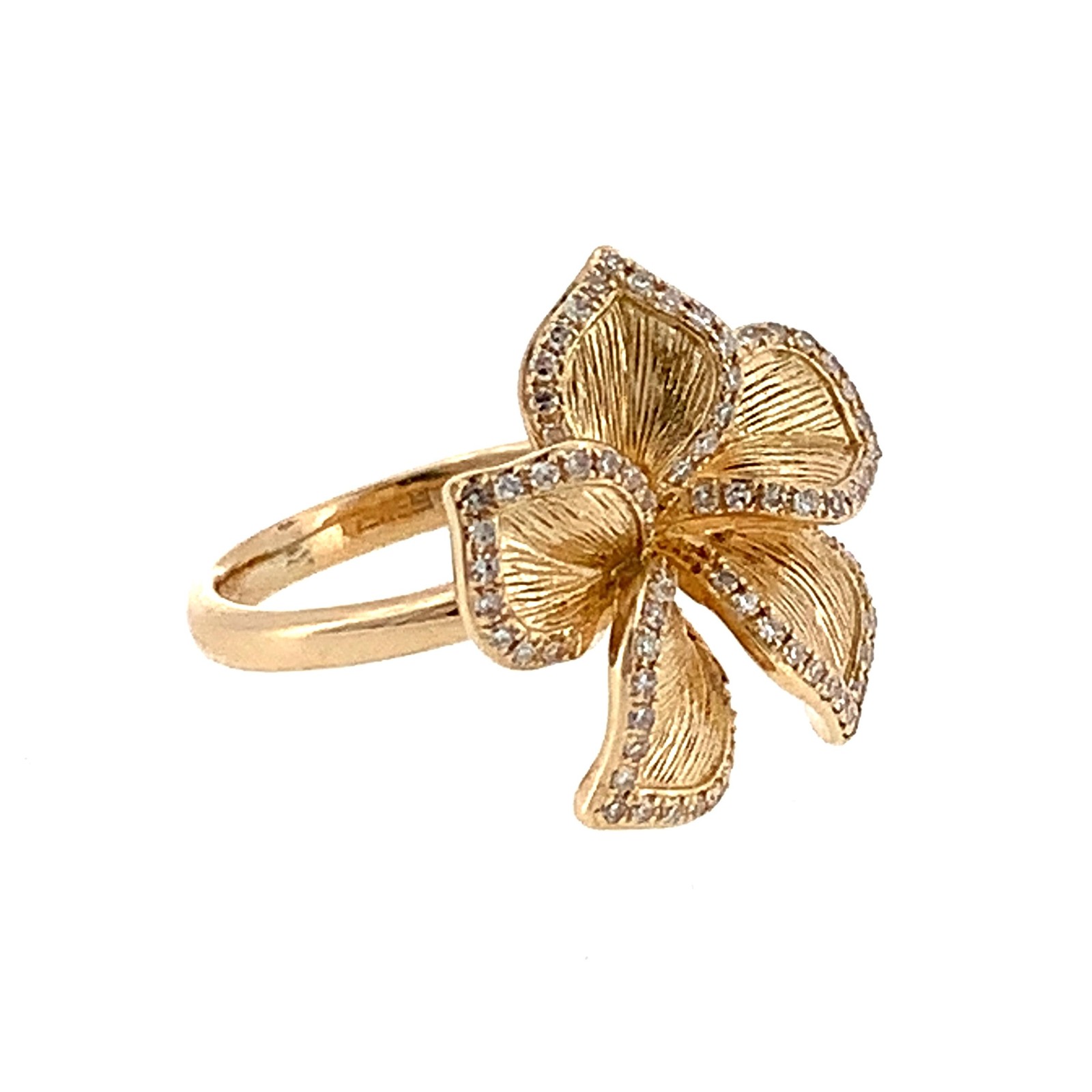 EFFY 14K Gold Pave Round Diamond Accent 5-Petals Ribbed Flower Statement Ring
