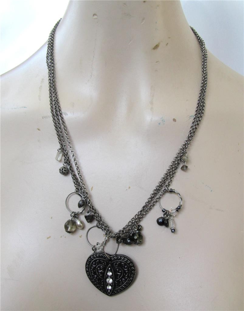 Vtg Silver 3 Chain Station Pendant Necklace Black Czech glass Heart signed 18″