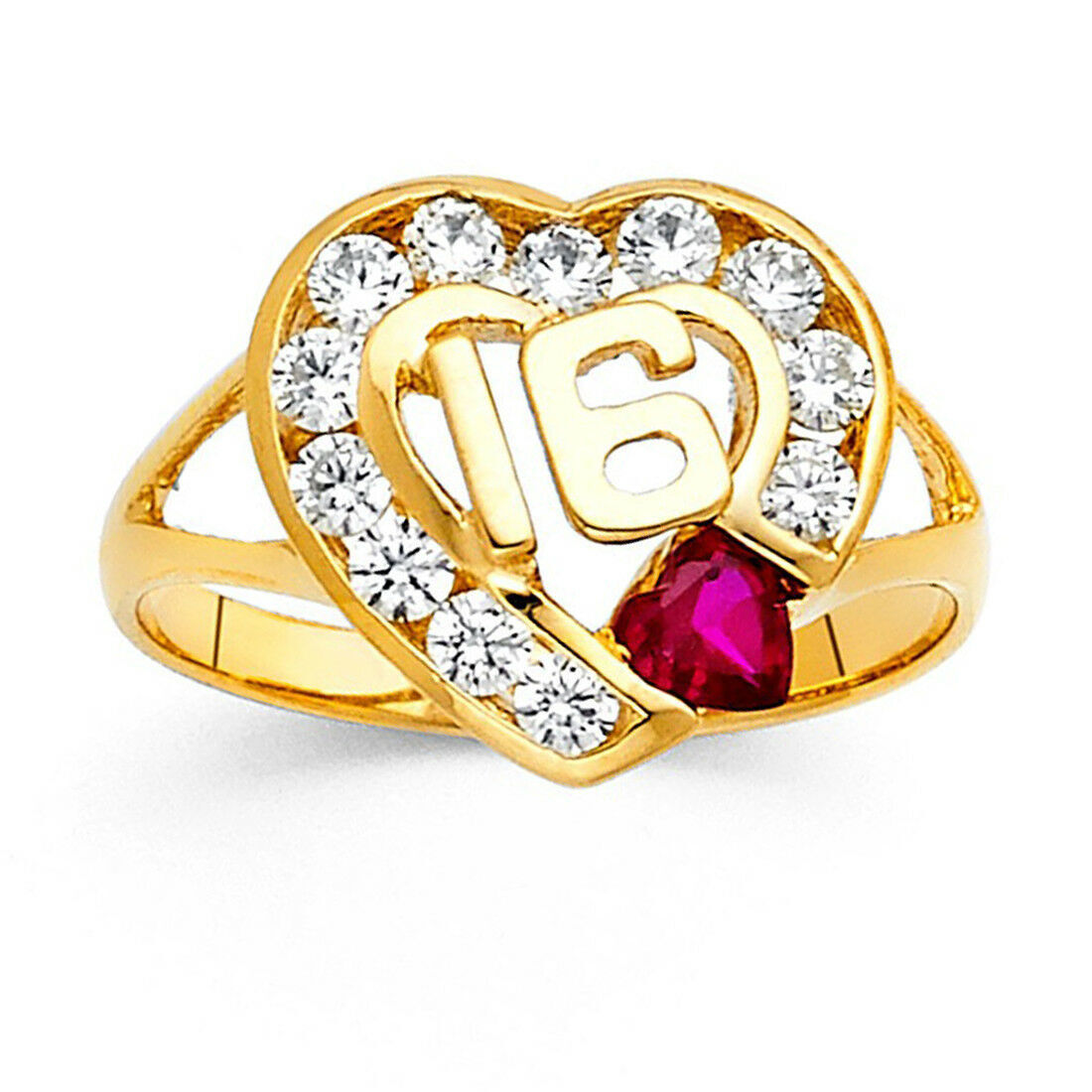 14k Gold Sweet Sixteen 16 Heart Ring Anillo de Oro Corazón Dieciséis