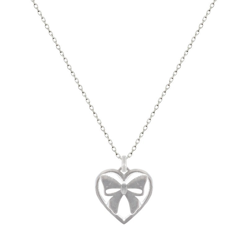 925 Sterling Silver Heart Bow Pendant Necklace Korean Jewelry