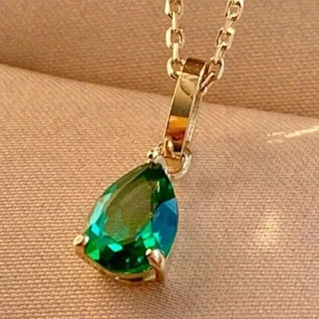 14K Yellow Gold Plated Natural Emerald 5.00Ct Pear Cut Gemstones Pendant Real