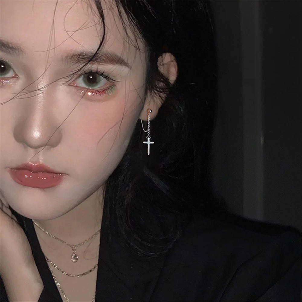 Women 925 Sterling silver Cross Drop Dangle Hanging Chain Stud Earrings Gift D26