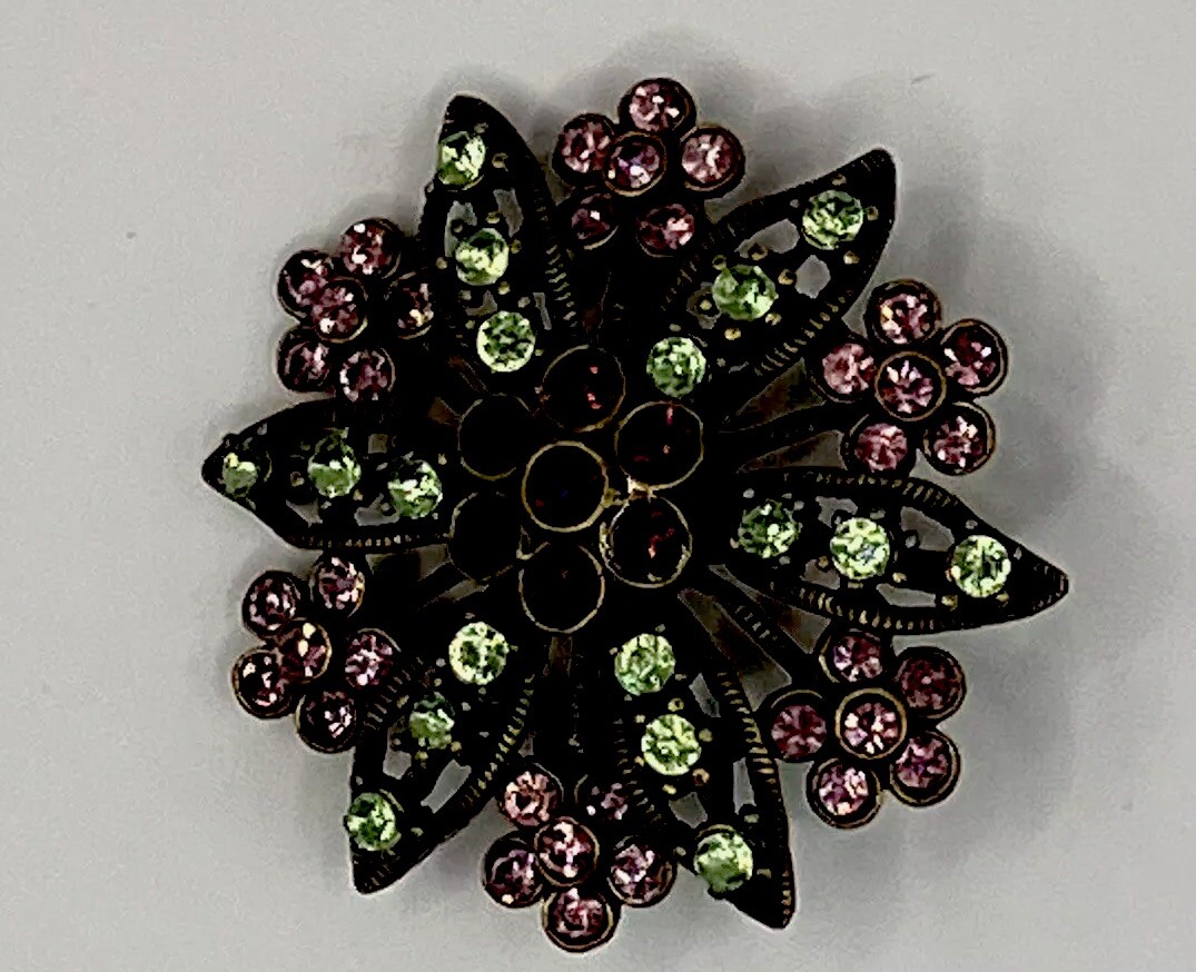 Brooch/ Pendant 2 Shades Of Purple And GreenRhinestones Vintage