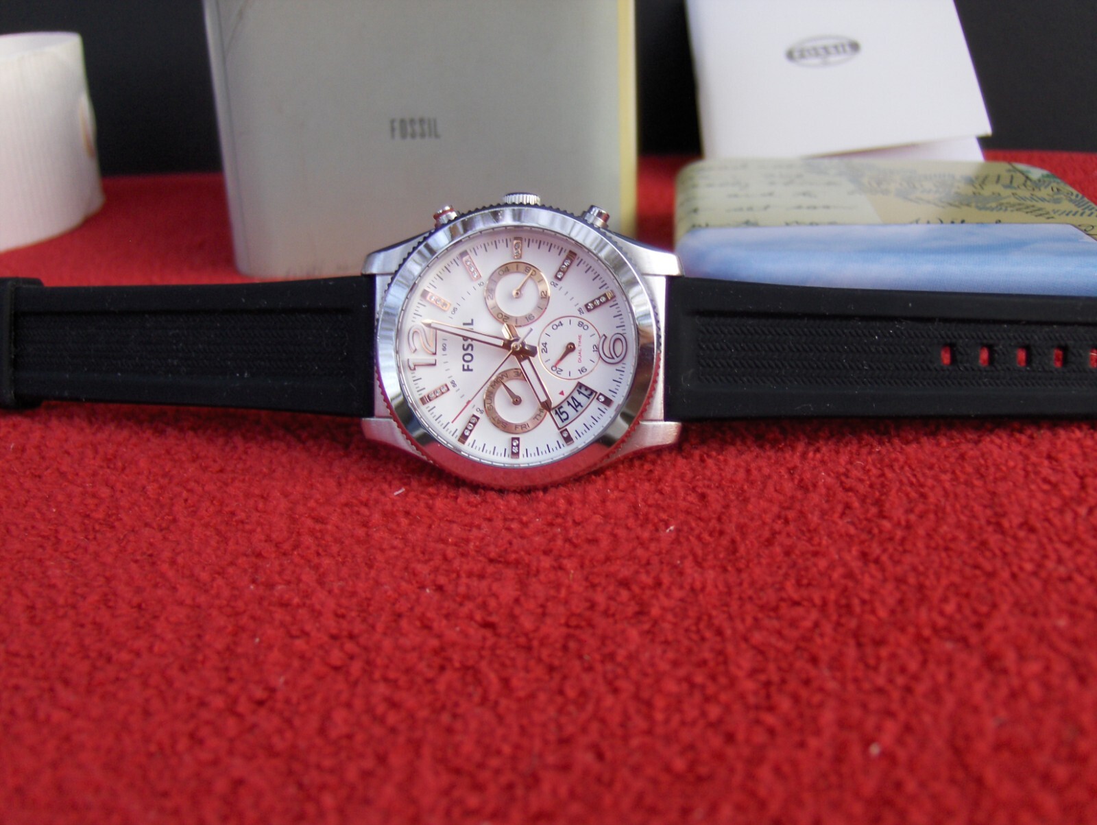 FOSSIL ES 4250 BOYFRIEND 3 EYE CHRONOGRAPH SWAROVSKI CRYSTAL MARKERS DATE WINDOW