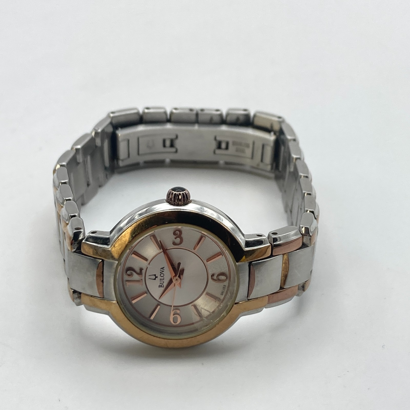 Bulova Women’s Watch Silver Rose Gold Tone FLAWED CRYSTAL 98L153 New Battery 7″