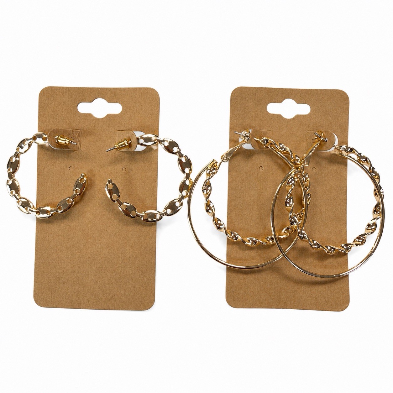 2 Pairs Gold Tone Hoop Earrings Set Twisted & Chain Link Fashion Jewelry