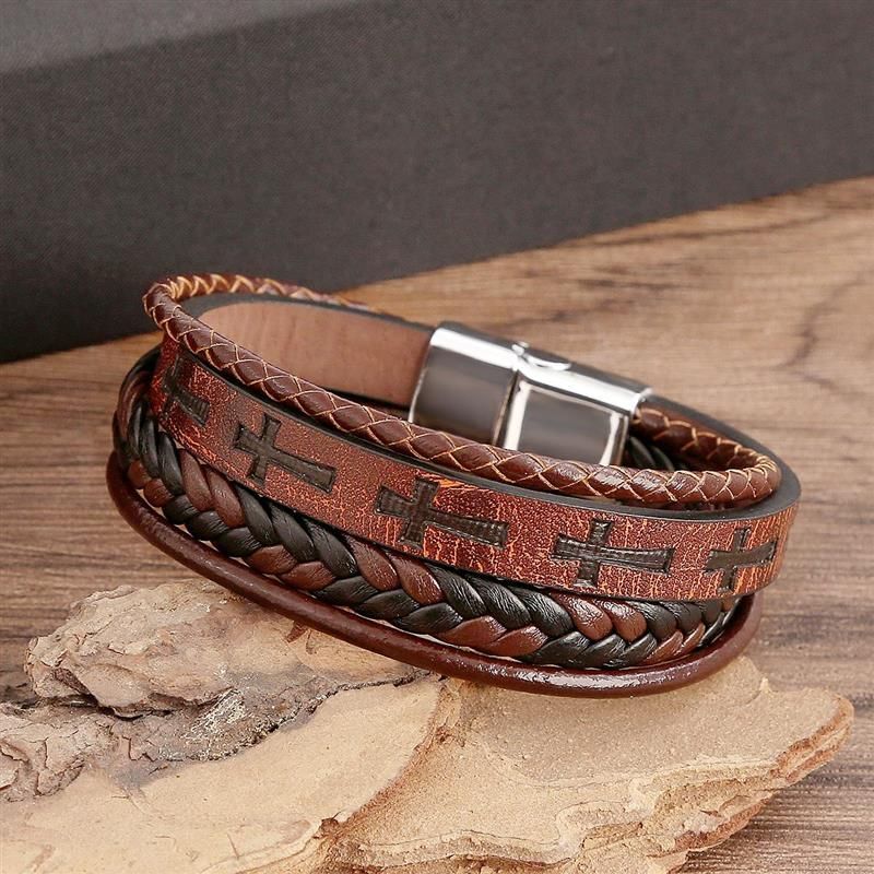 Cross Leather Bracelet – Hand-Woven Multilayer Men’s Accessories Jewelry 1pc