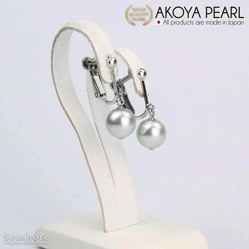Akoya Pearl Drop Earrings 8-9mm Gray Grey Titanium Post Japanese Uwajima Japan