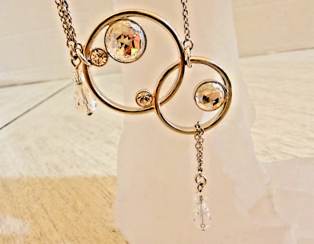 Swarovski Crystal Necklace Conjoined Circles Bezel Set Cascading Teardrop Signed