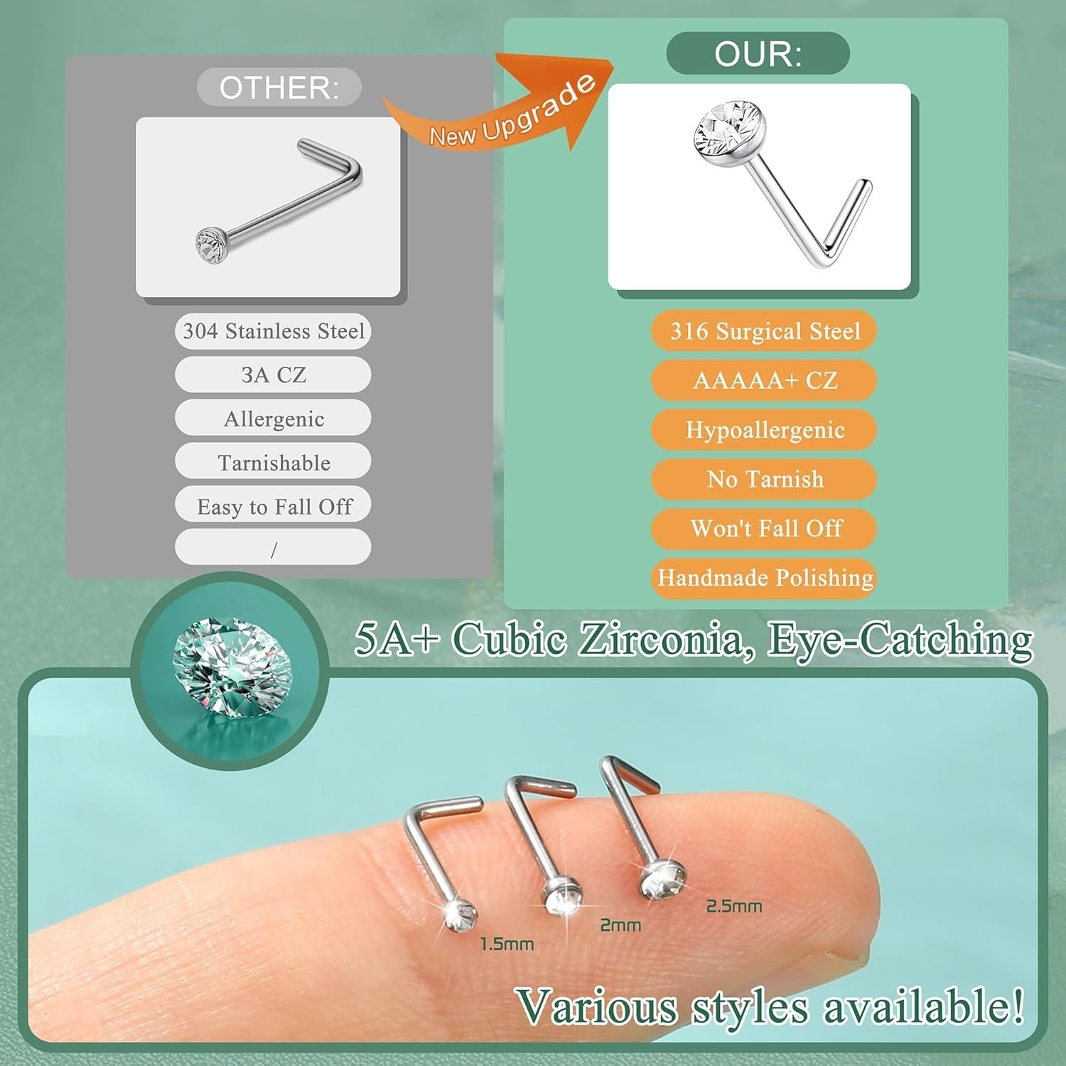 Versatile 60pcs Stainless Steel Nose Stud Rings – 1.5mm to 2.5mm for Daily Wear