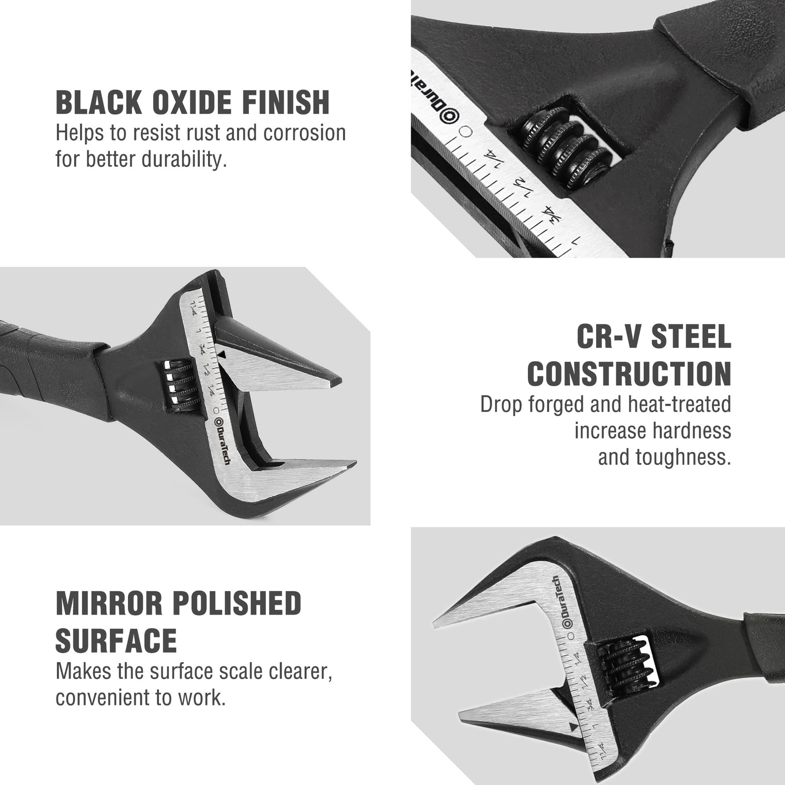 DURATECH 8-Inch Adjustable Wrench, Wide Jaw Opening Black Oxide 8-Inch,