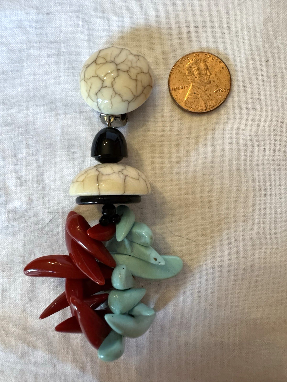 Angela Caputi long earrings ivory black dark red turquoise beads clip Italy
