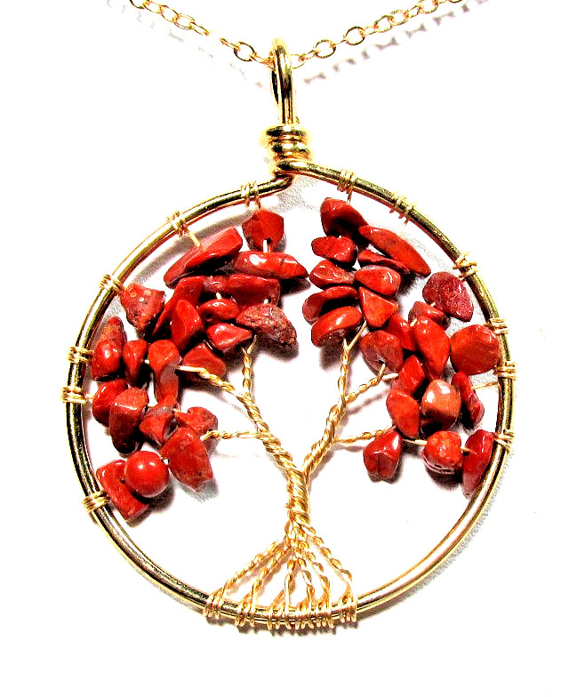Gold Tone Red Jasper Semi Precious Stone Tree Of Life 20″ Necklace -NWOT (#2977)