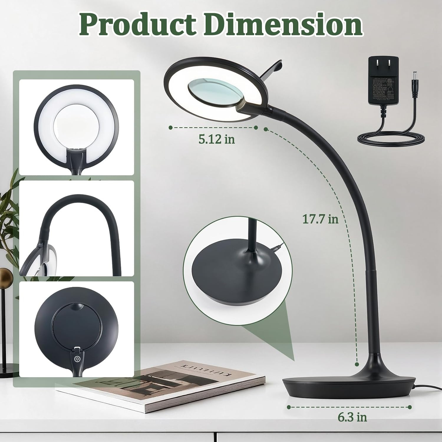 Magnifier Desk Lamp, Flexible Gooseneck, 2-in-1 Magnifying Glass 3X+6X Led Work