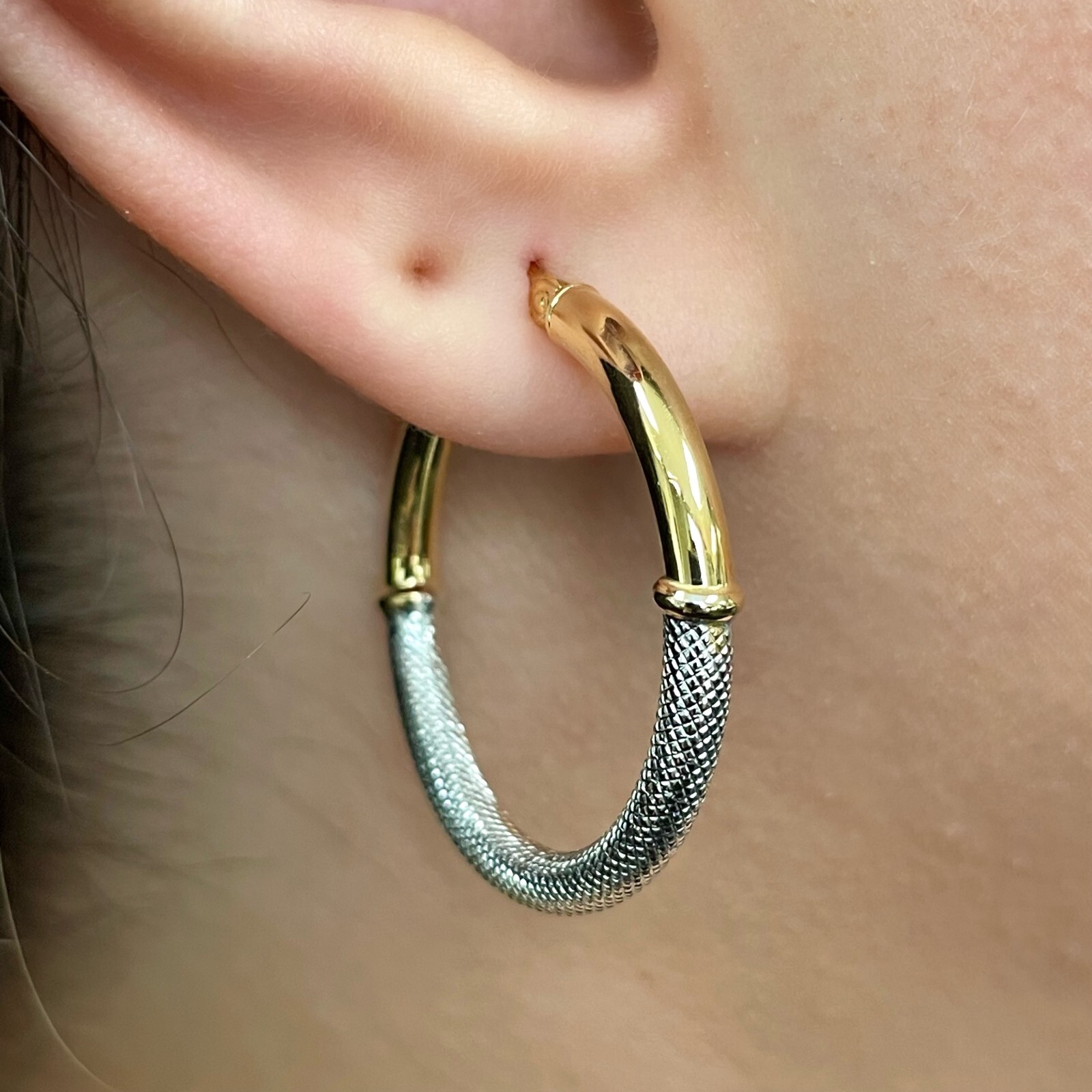 Italian 14k Yellow & White Gold Waffle Texure & Shine Hollow Hoop Earrings 1.2″