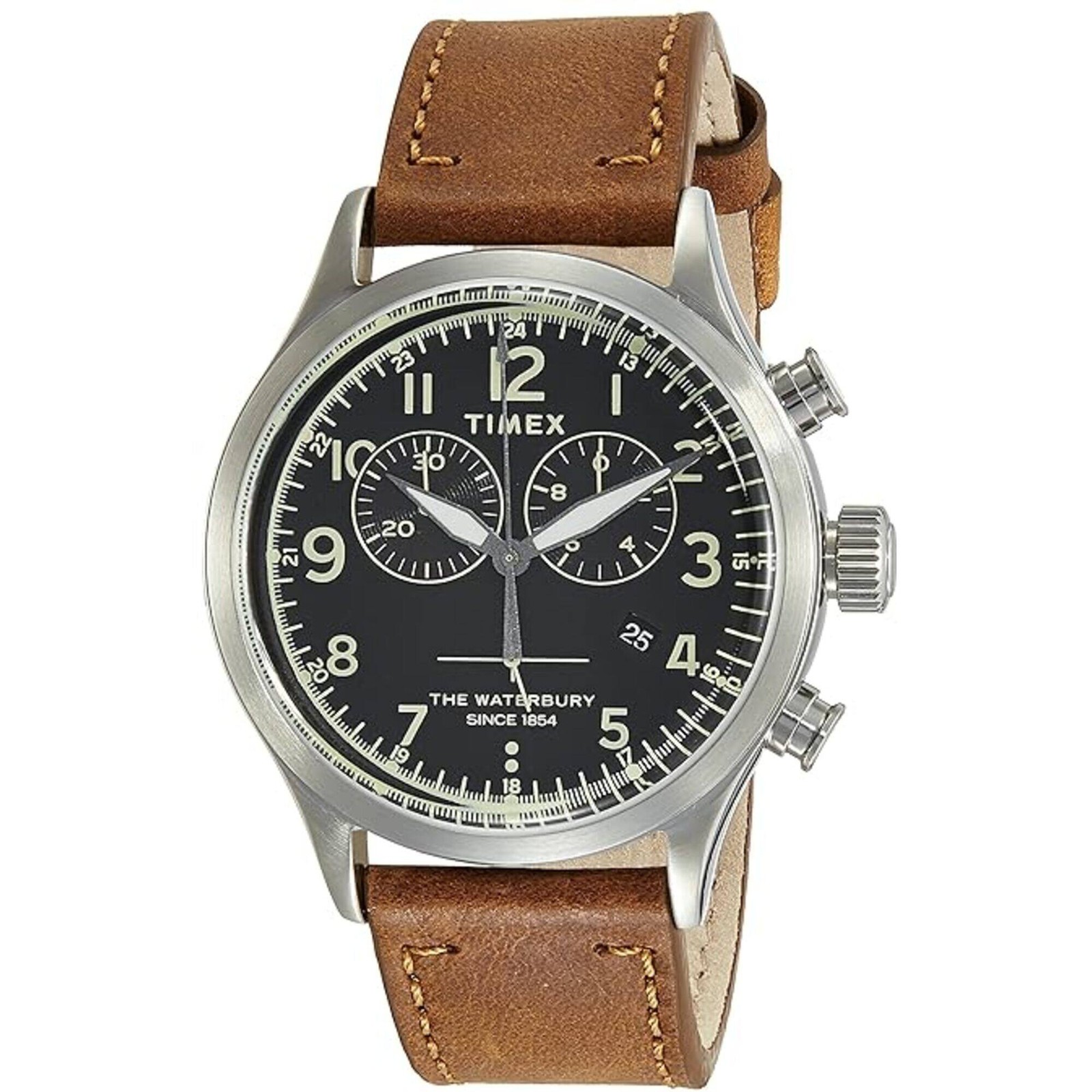 Timex Men’s Watch Waterbury Chronograph Black Dial Tan Leather Strap TW2R70900VQ