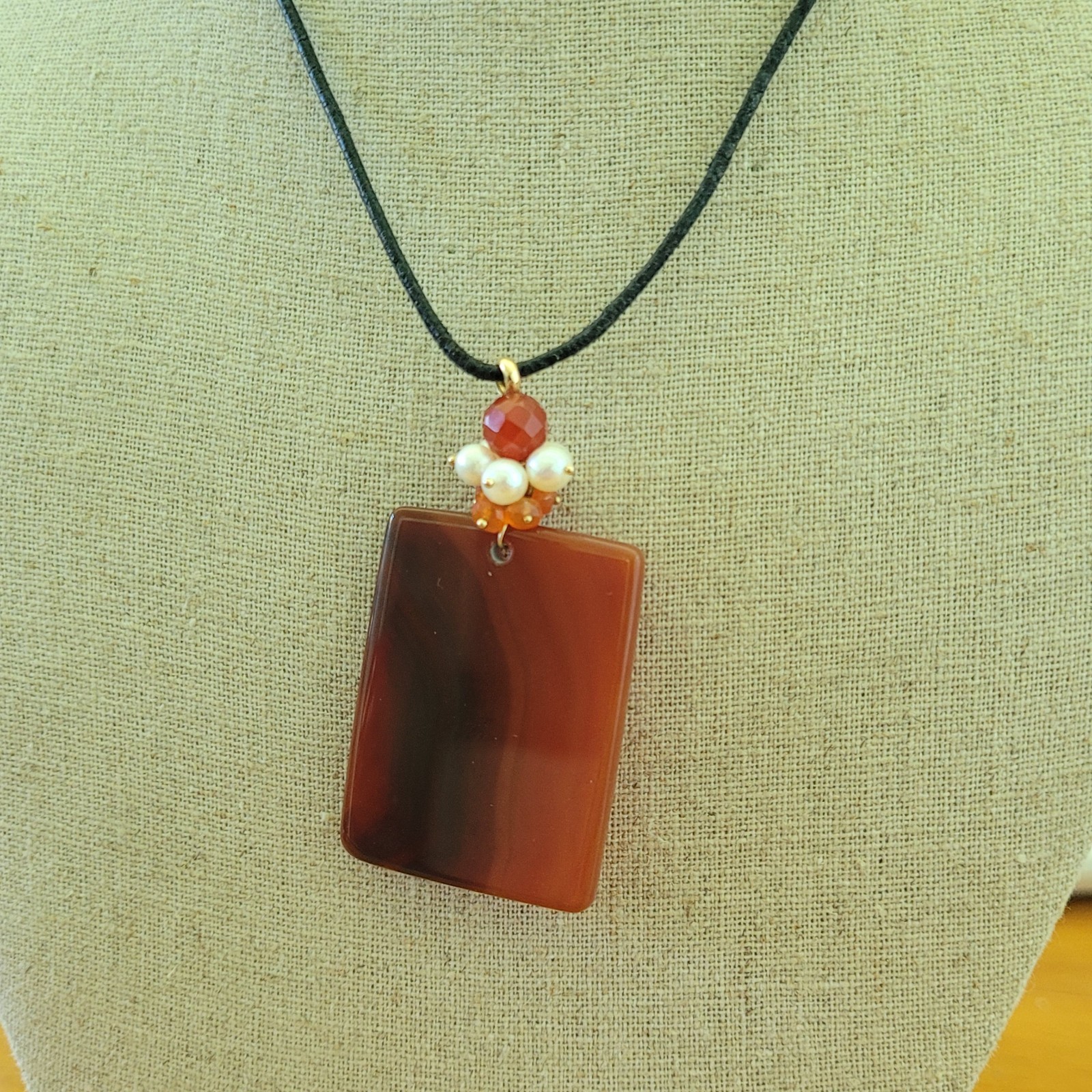 Vintage ZB Zimmer Brothers 14K Gold Agate Pearl Pendant Necklace 16in 15g