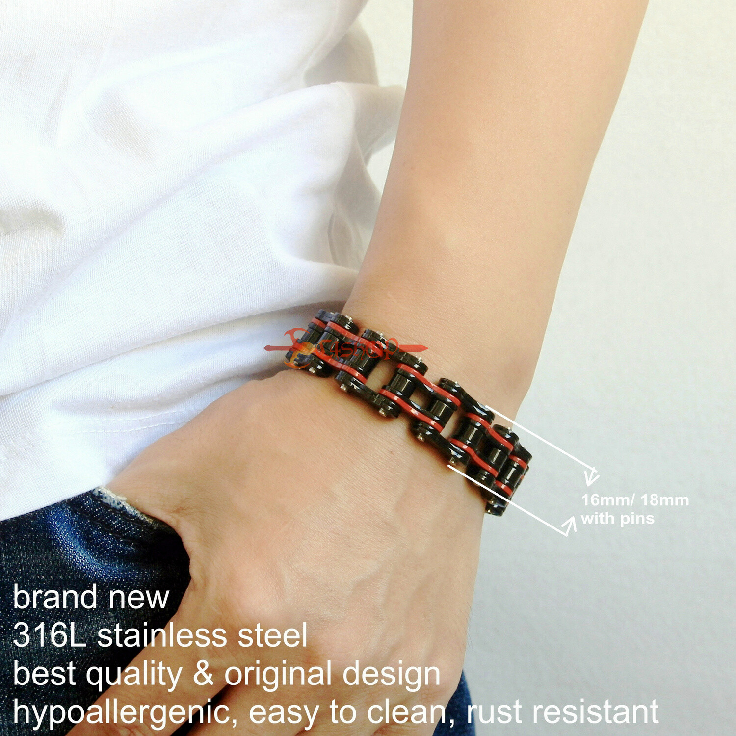 Mens Stainless Steel Motorcycle Bike Chain Link Bracelet Heavy Biker Black/Red
