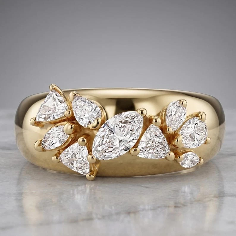 Cluster Engagement Ring Sale ! Marquise Cut Lab Grown Diamond 14k Yellow Gold