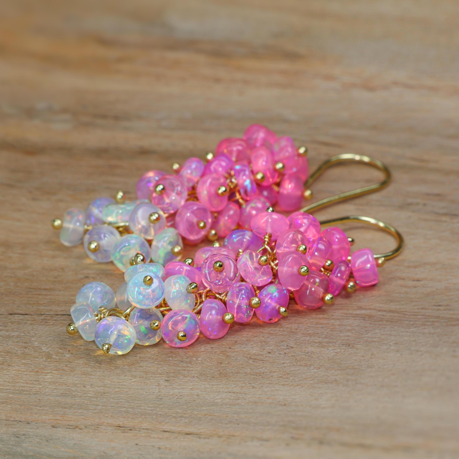 Pink and White Opal Beads Earring, Natural Opal Gemstone Cluster Earring for her