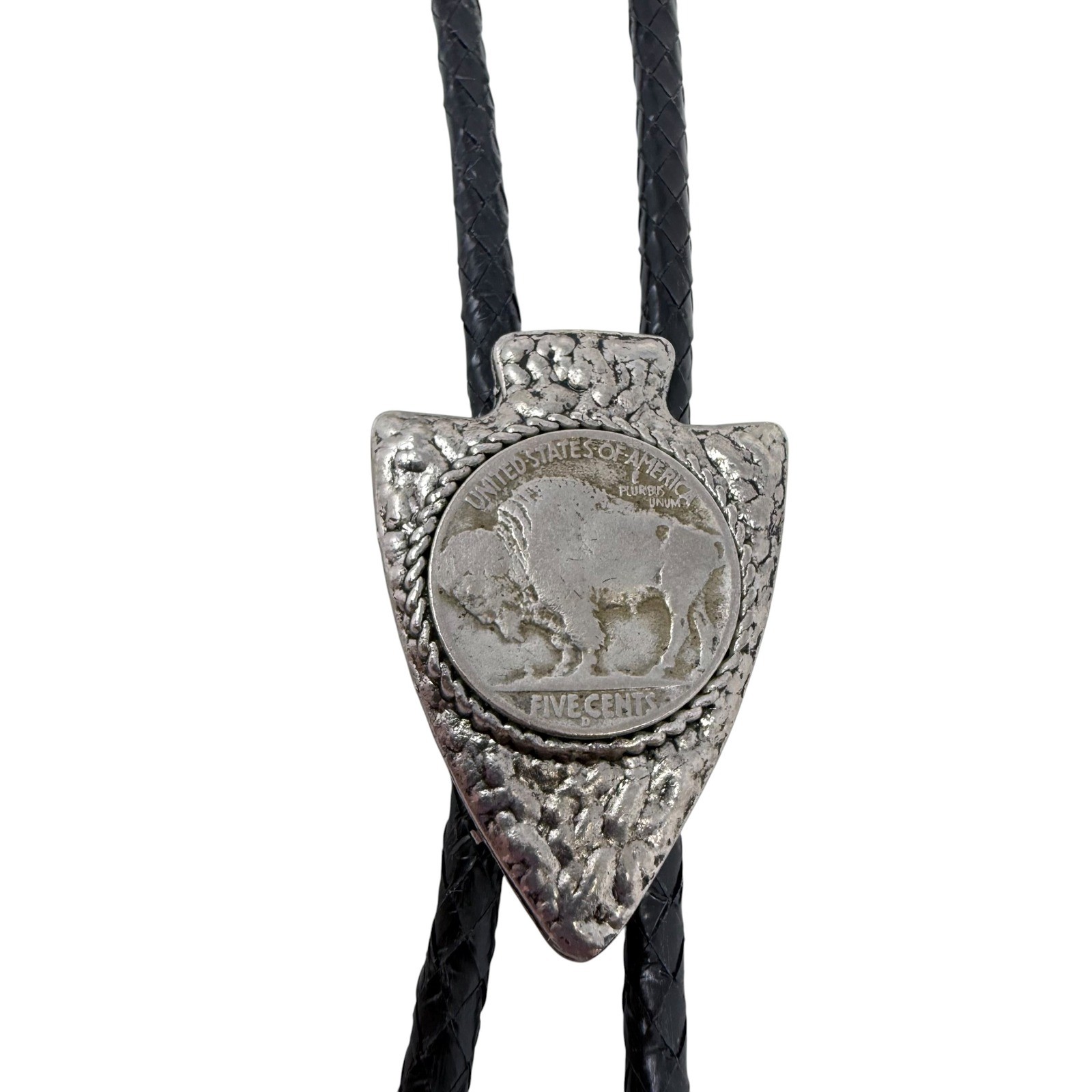 Vintage Bolo Tie Unisex OS Black Silver Excellent Buffalo Nickel Arrowhead