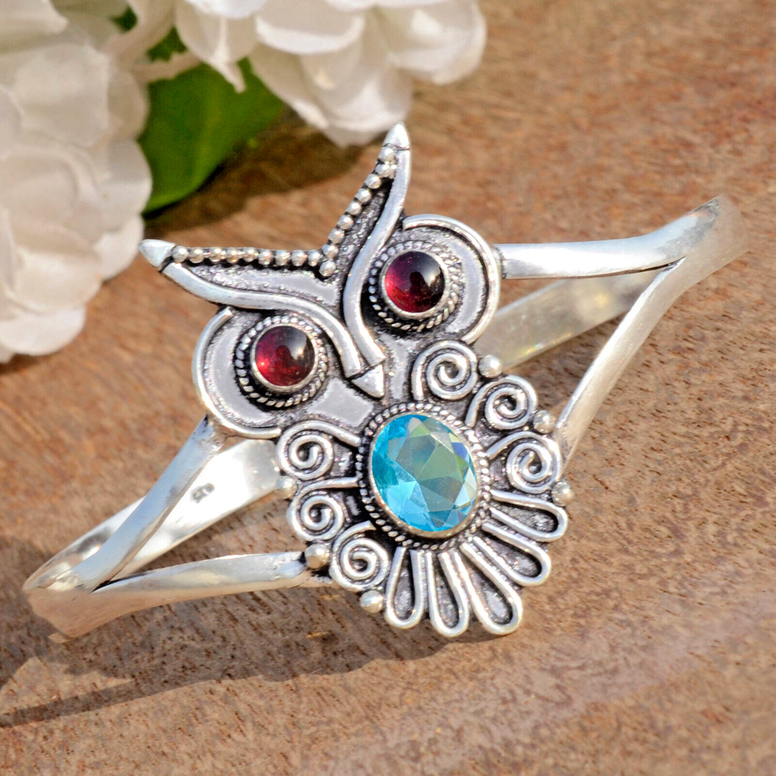 Blue Topaz & Garnet Gemstone 925 Sterling Silver Bracelet For Couple’s Jewelry