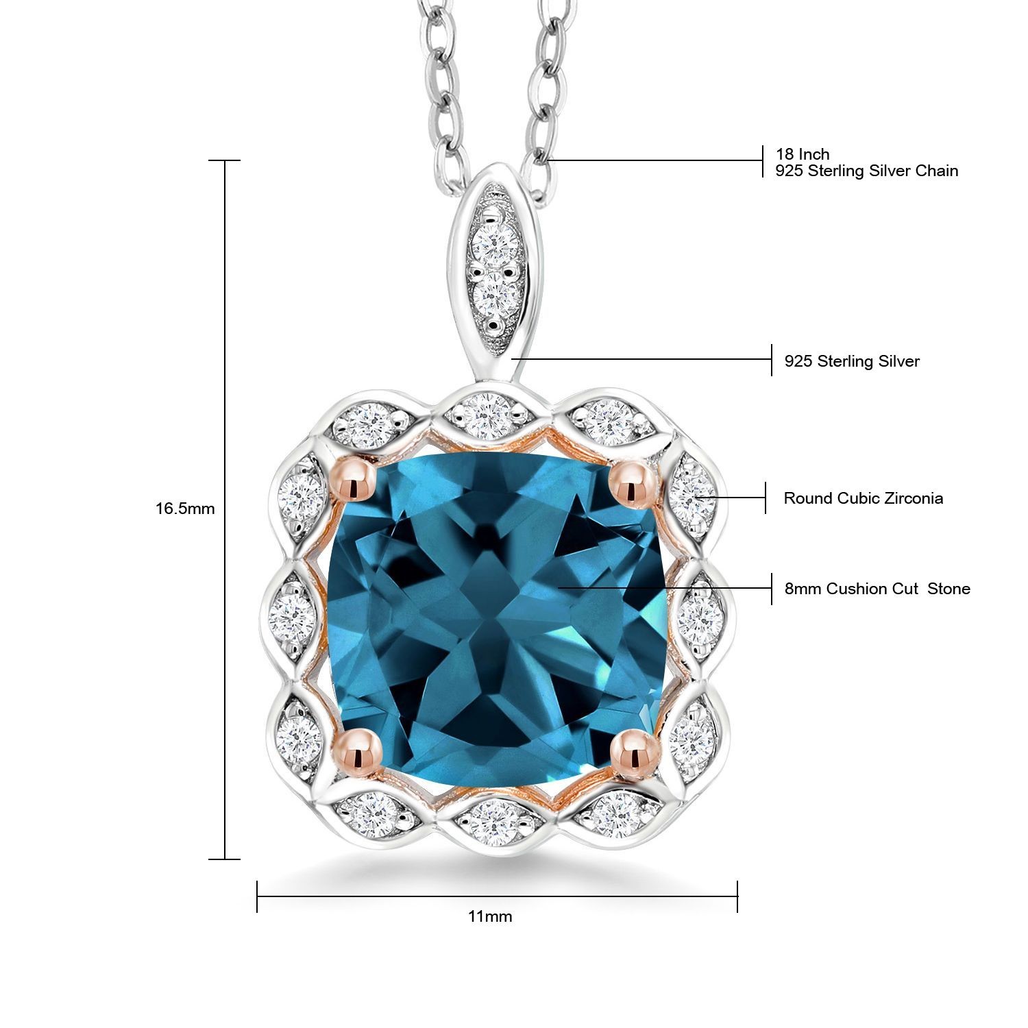 2.91 Ct Cushion London Blue Topaz 925 Sterling Silver Pendant