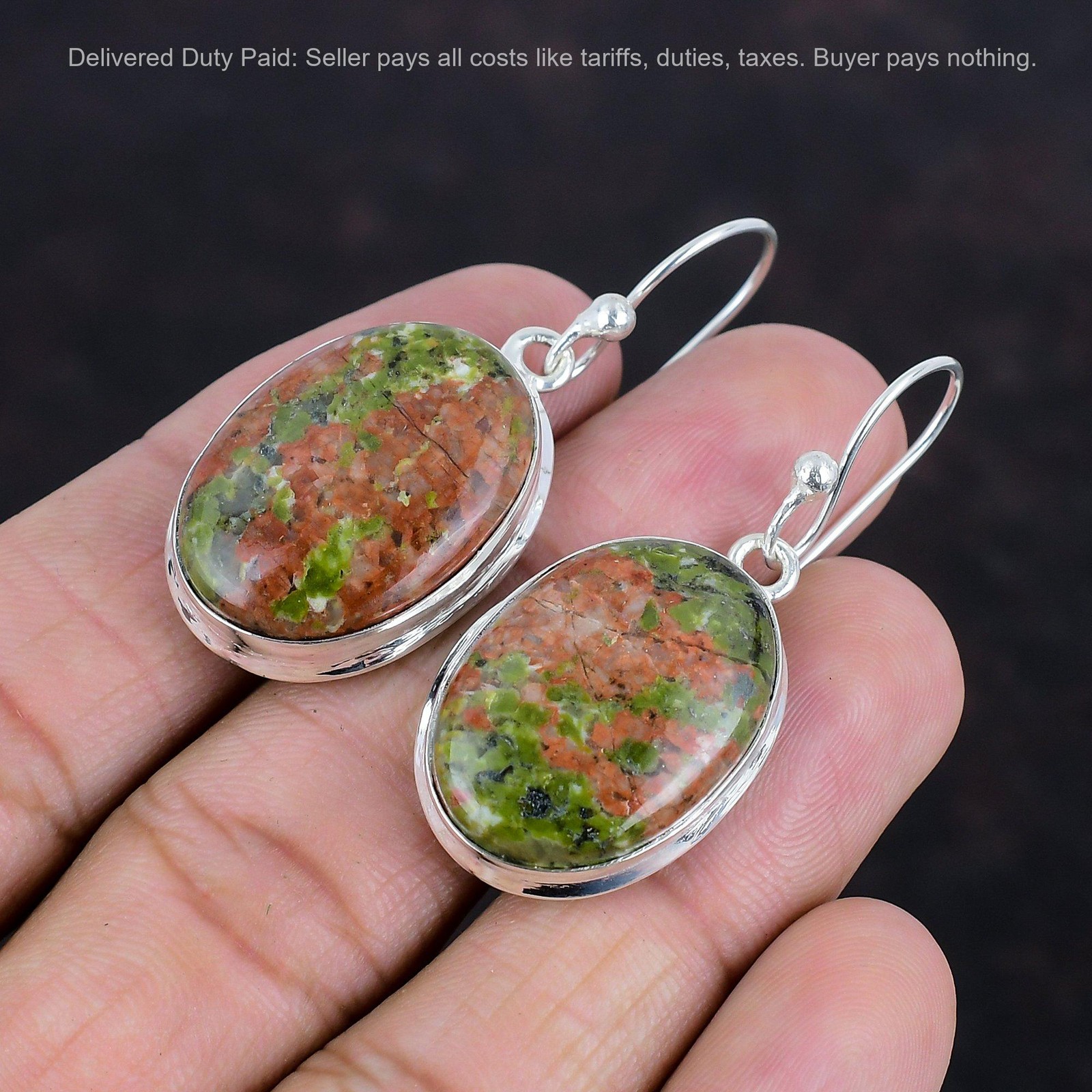 Heart Chakra Natural Unakite Sterling Silver Hook Bezel Drop Artisan Earrings