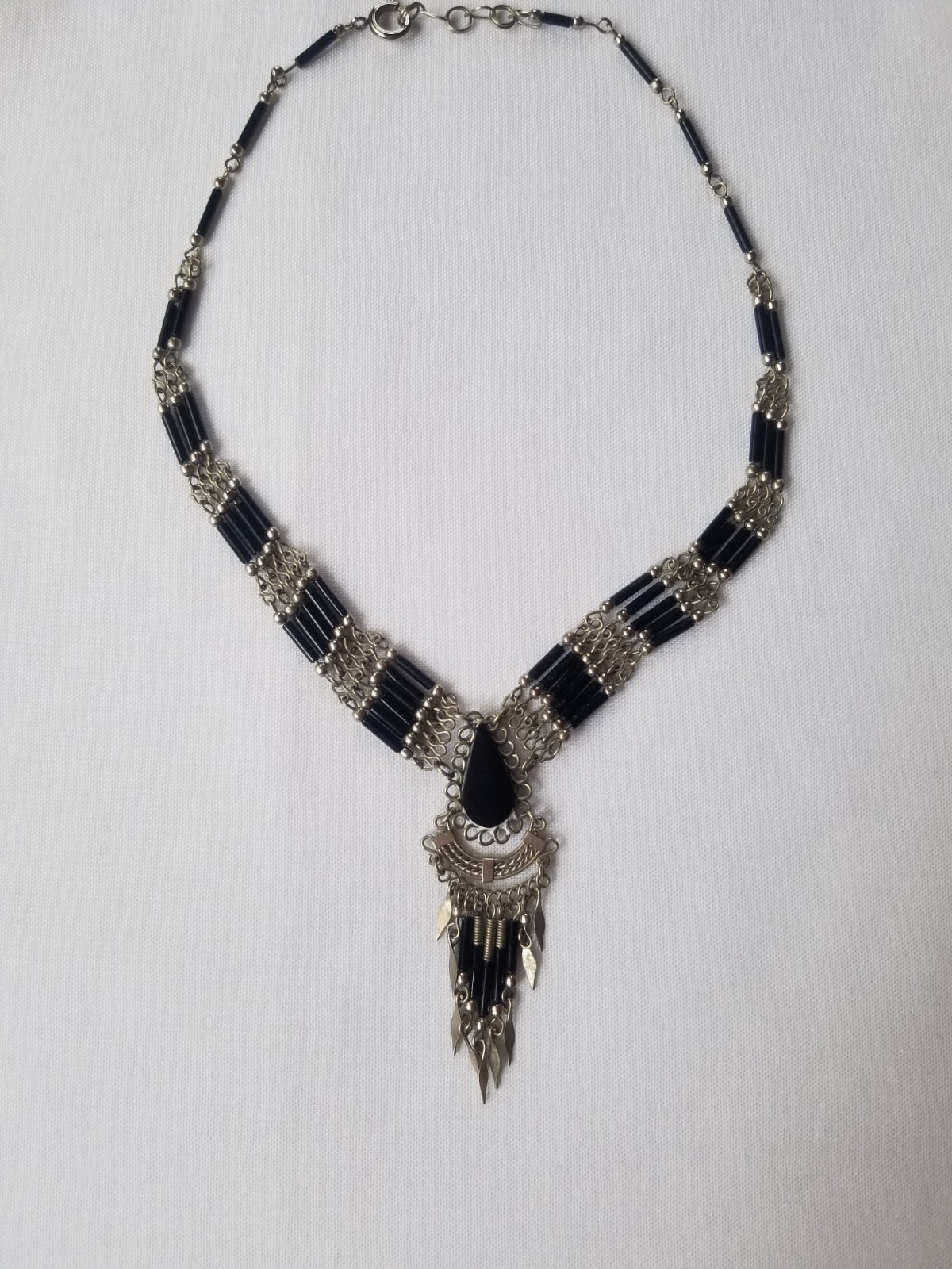 Vintage Peruvian Black Onyx Silver Hand Wired Waterfall Collar Necklace