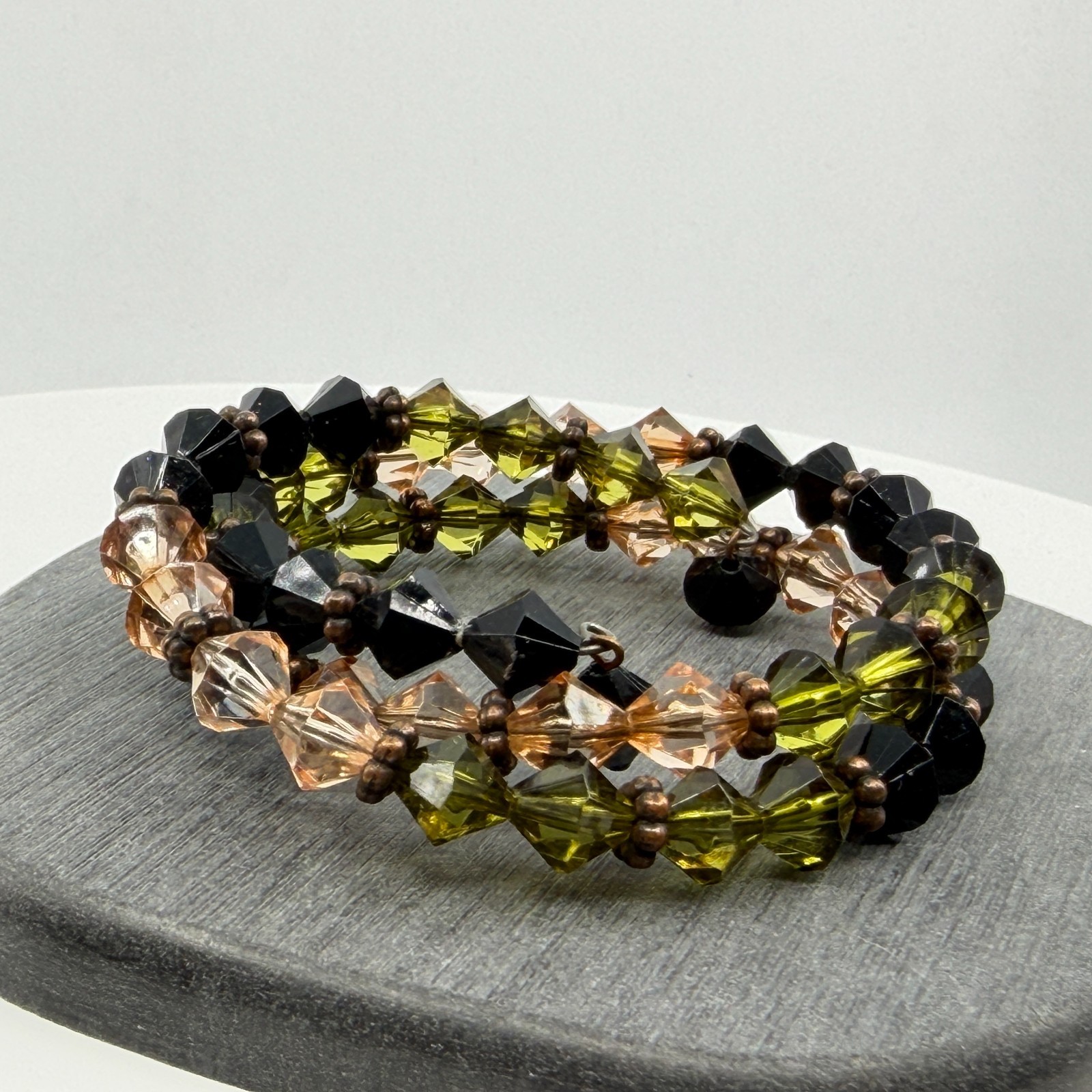 Statement Olive Black Crystal Coil Bracelet Boho Multi Strand Layering Gift Idea