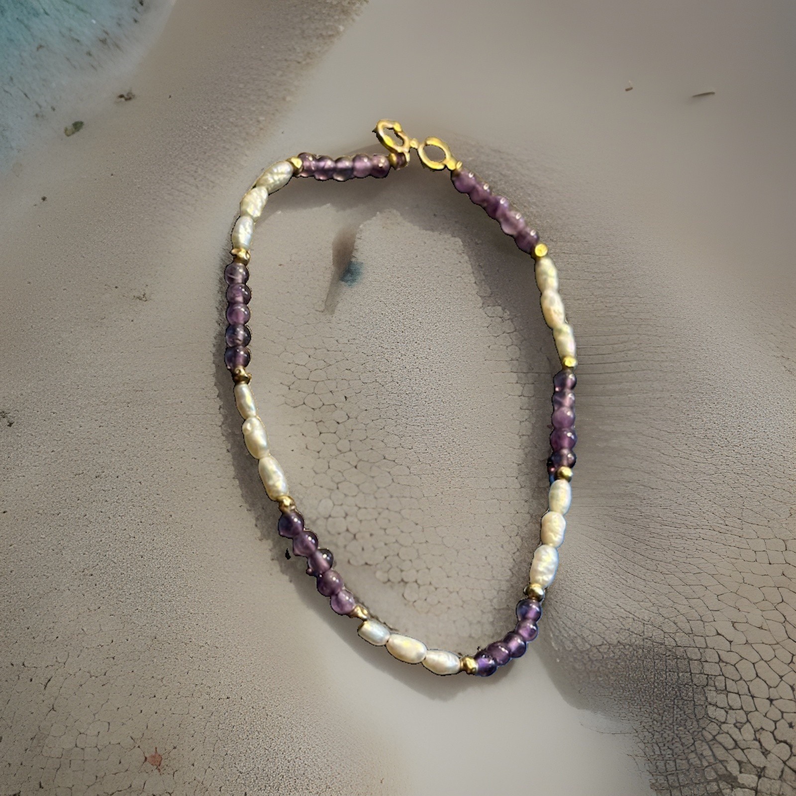 Women’s Bracelet Amethyst Freshwater Pearls 14K Gold Beads And Clasp 7.25 in