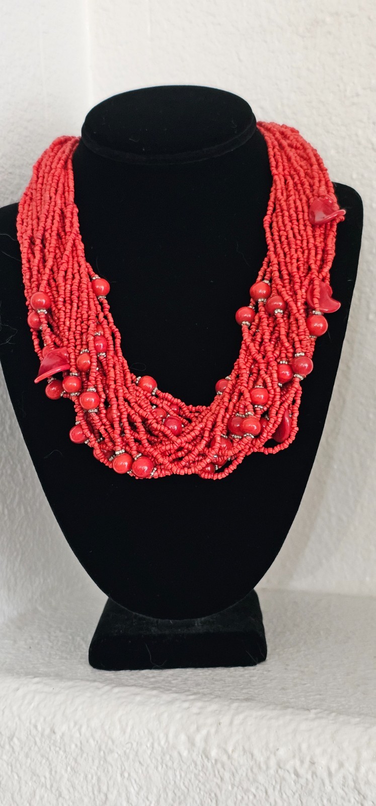 Hand made 30 strand tiny red coral bead fashion necklace great statement pc 21”