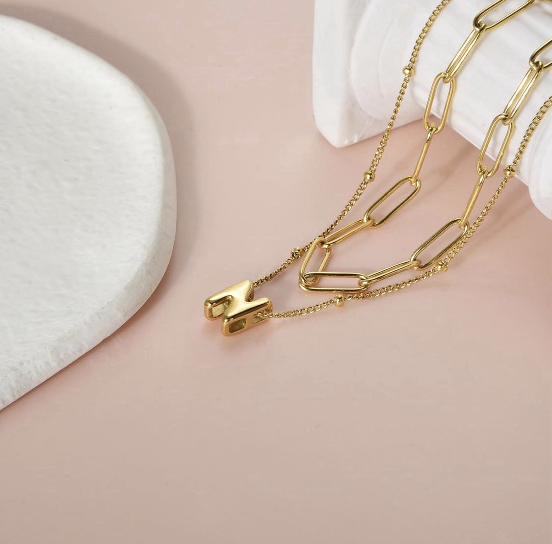 Gold Tone Layered Paperclip Chain Alphabet Letter Pendant Necklace