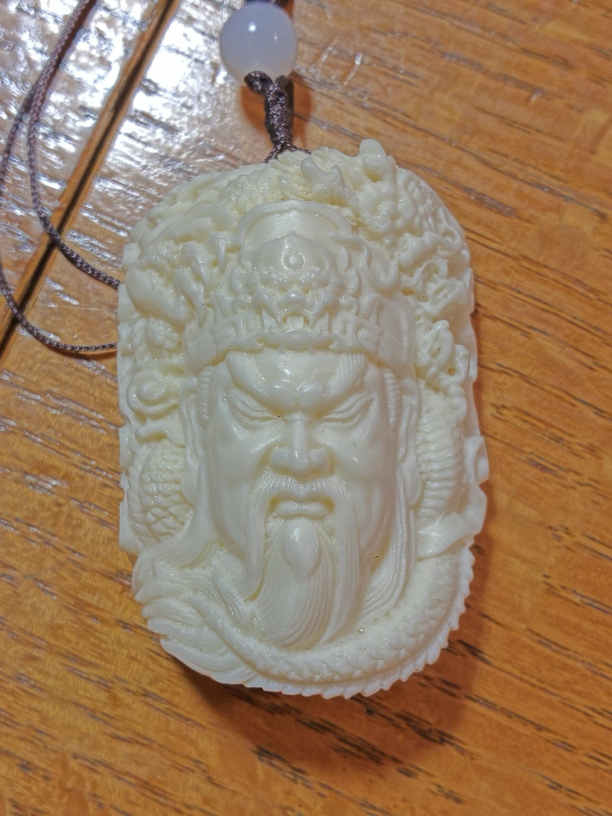 2.5” Guan Gong Pendant w/ Cord & Bead – Crisp Carving