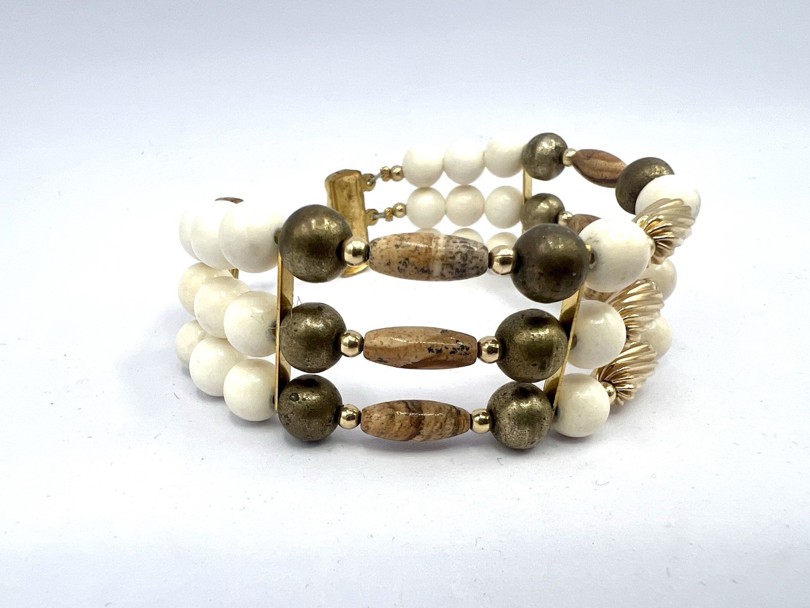 Vintage Silver Gold Ivory Brown Tan Gemstone Bead Wide Bracelet RO-DO NOS JD