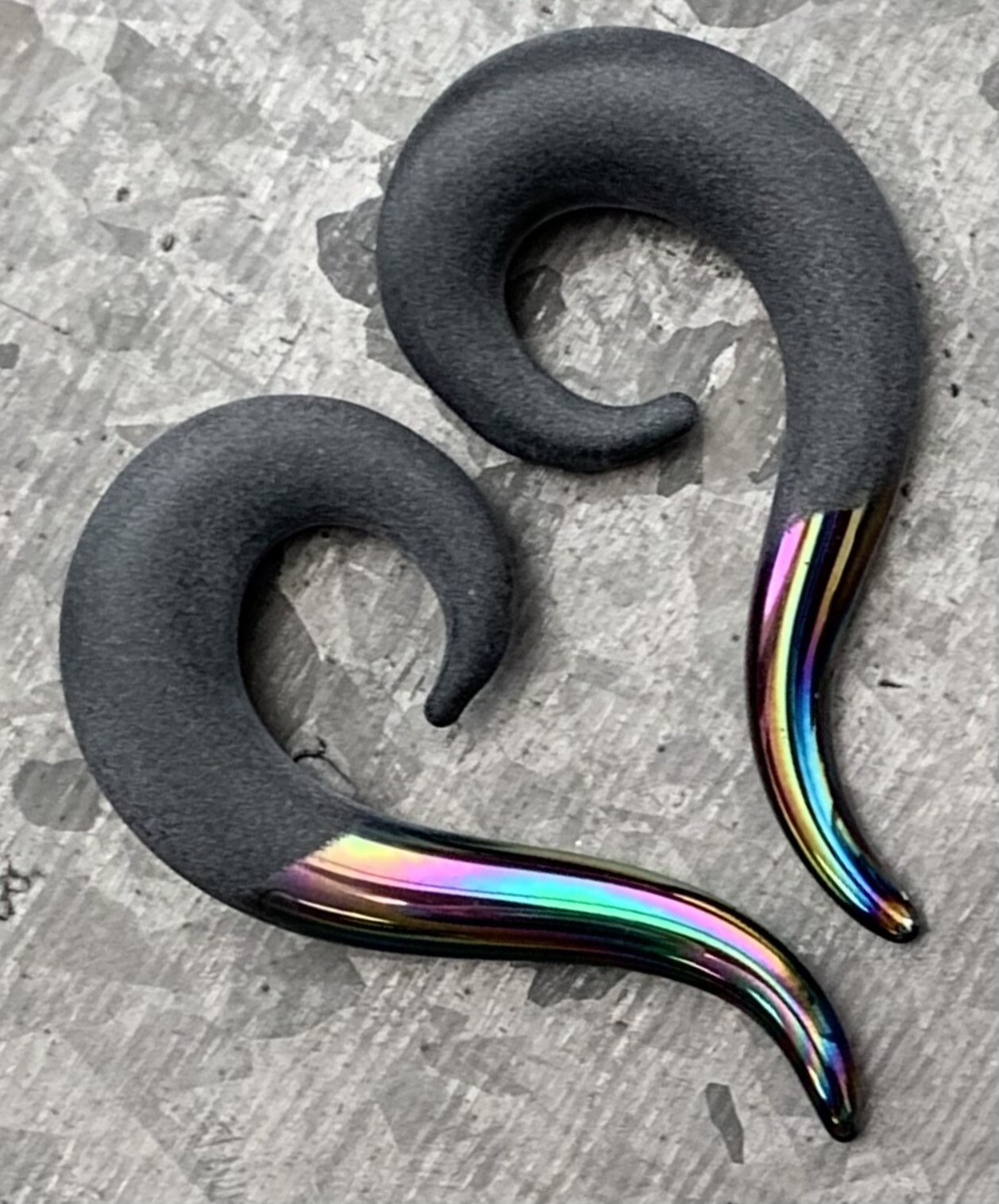 PAIR Two-Toned Matte & Rainbow Glass Spiral Hanging Tapers Expander Plugs Gauges