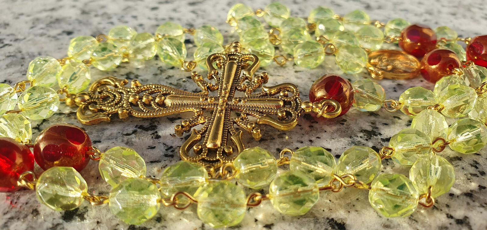 Rosary gothic cross czech uraniumglass beads vintage style jewelry #24091