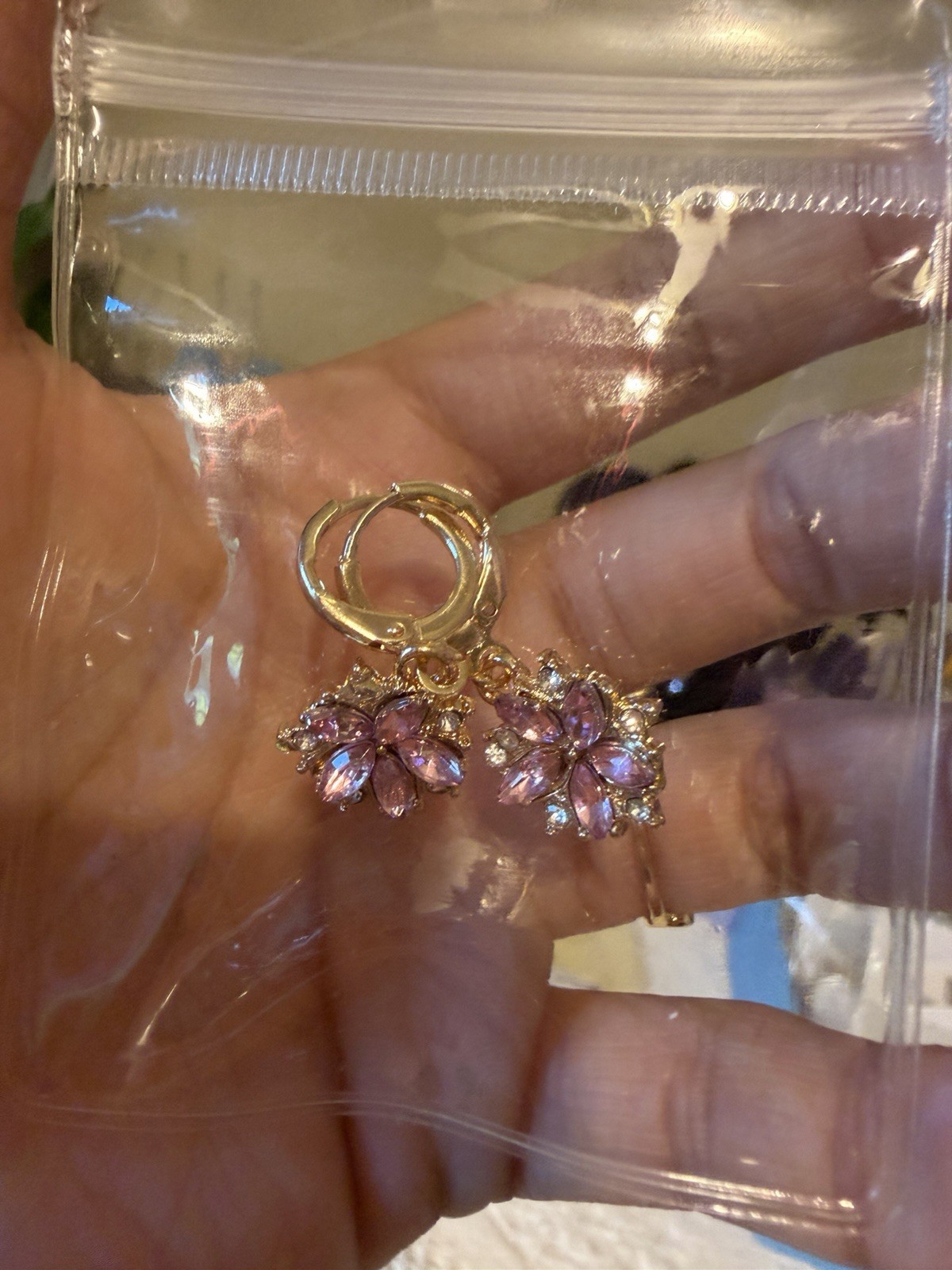 Gold-Tone Flower Pink Simulated Cubic Zirconia Dangle/Drop Leverback Earrings