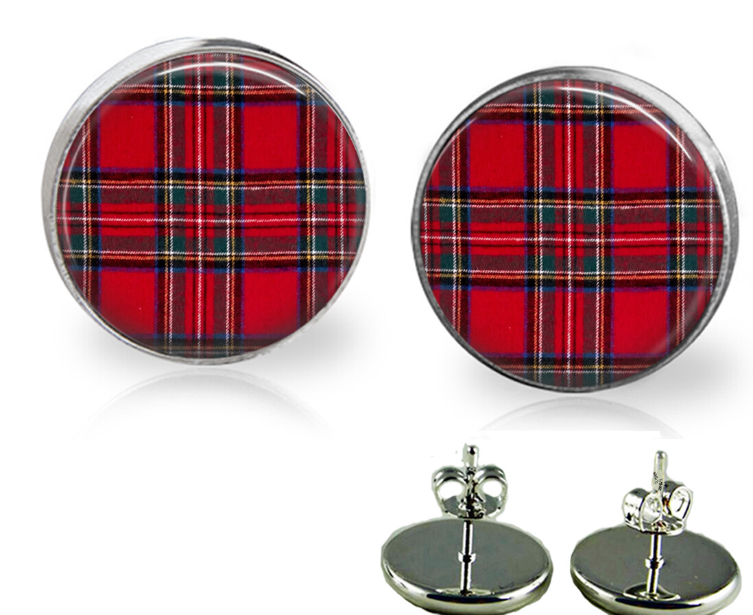 Red Green Blue & Black Plaid Print Glass Top Stud Earrings In 2 Sizes Handmade