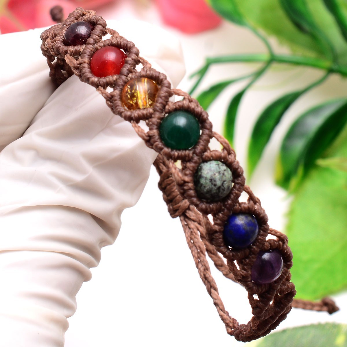 Handmade Natural Multi Gemstones Beautiful Macrame Cuff Beaded Vintage Bracelet