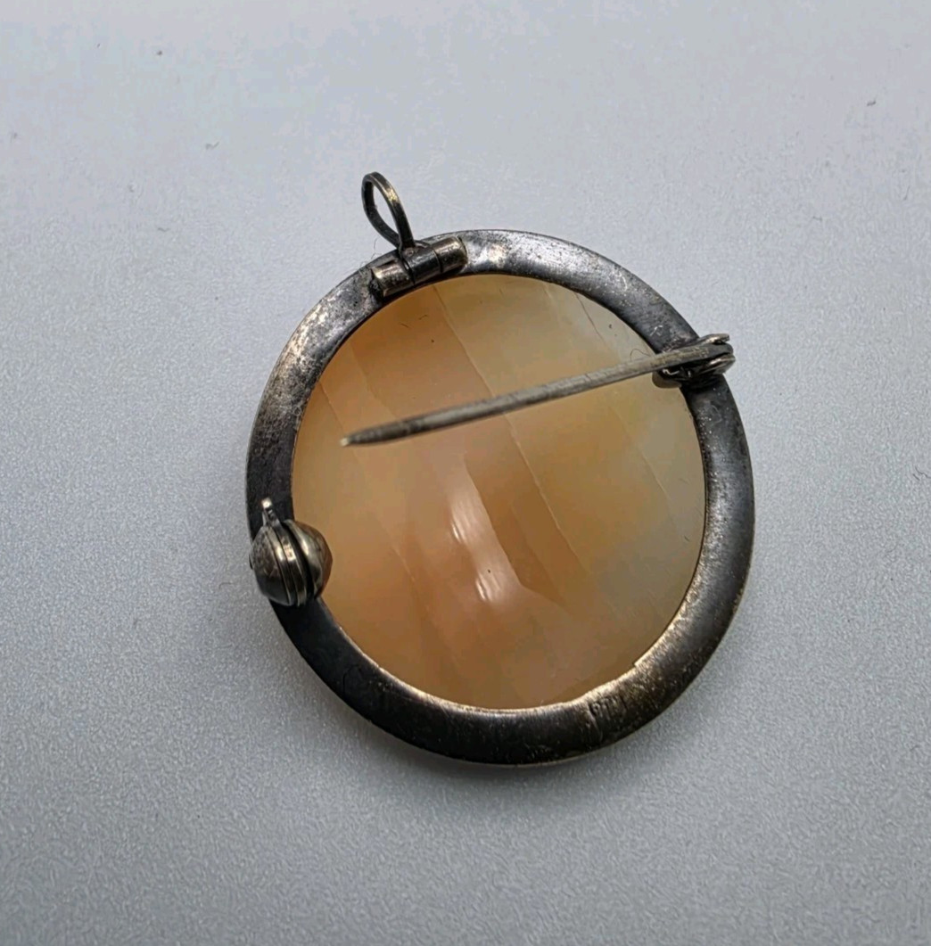 Vtg Carved Rose Shell Cameo Brooch Pendant 900? Silver 1″ Round See Pic