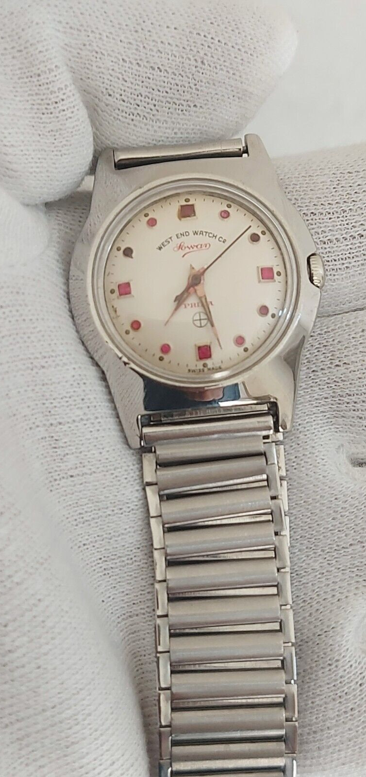 West end Sowar Prima Watch Hand Wind White Red Ruby Fitted Dial 34 mm Men Swiss