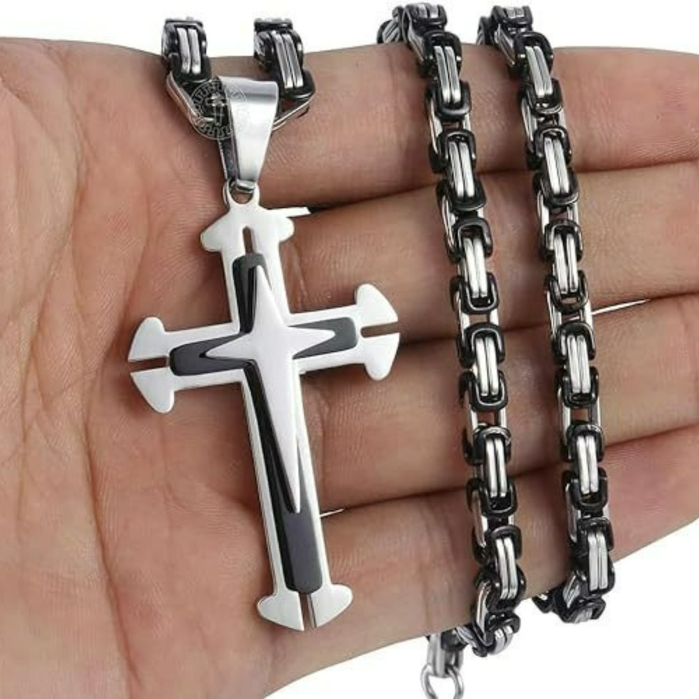 Men’s Heavy Solid Christian Cross Pendant Necklace Three Layer Stainless Steel