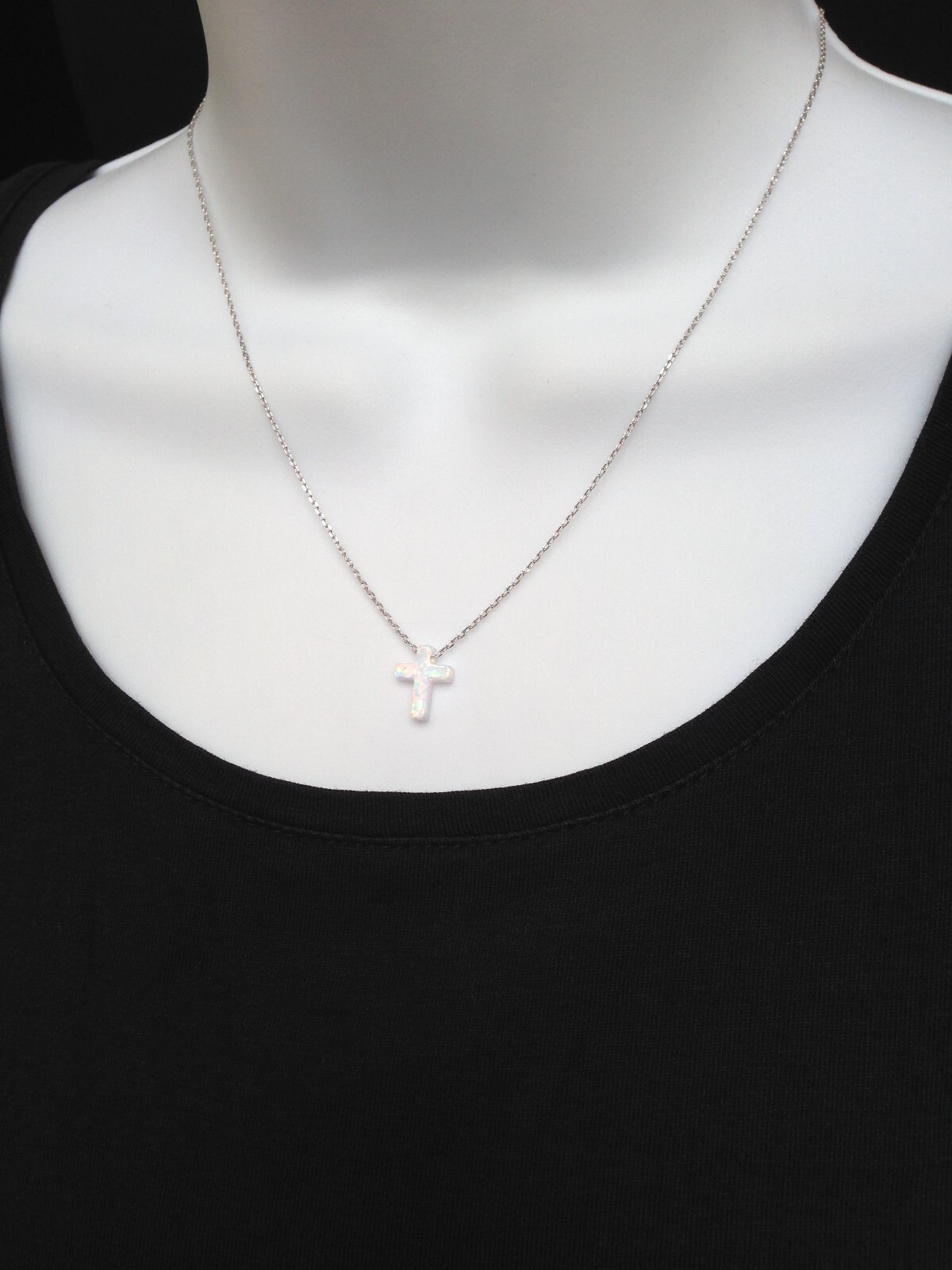 White Opal Cross Necklace 925 Sterling Silver Womens Girls 12mm 17.75″ Simulated