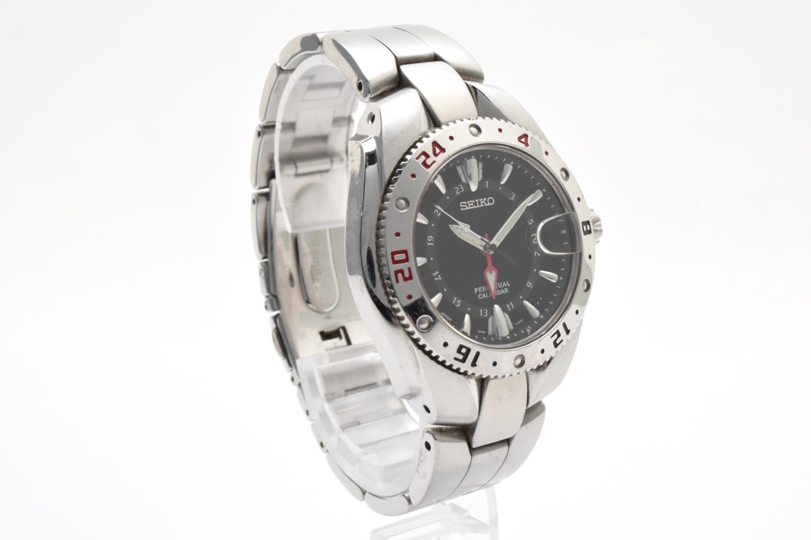 [Exc+5]SEIKO Perpetual Calendar GMT 8F56-002A Quartz Black Dial Mens Watch JAPAN