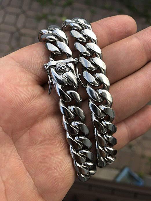 Men’s Heavy Miami Cuban Link Chain & Bracelet Combo Set Silver Stainless Steel