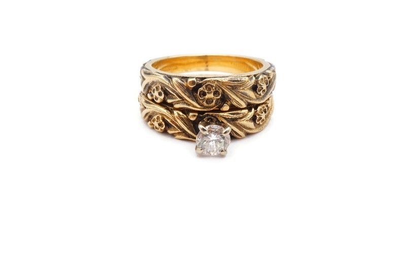 Vintage 14k Yellow Gold 0.25 CT Diamond Wedding Ring Set Size 5 ArtCarved Flower