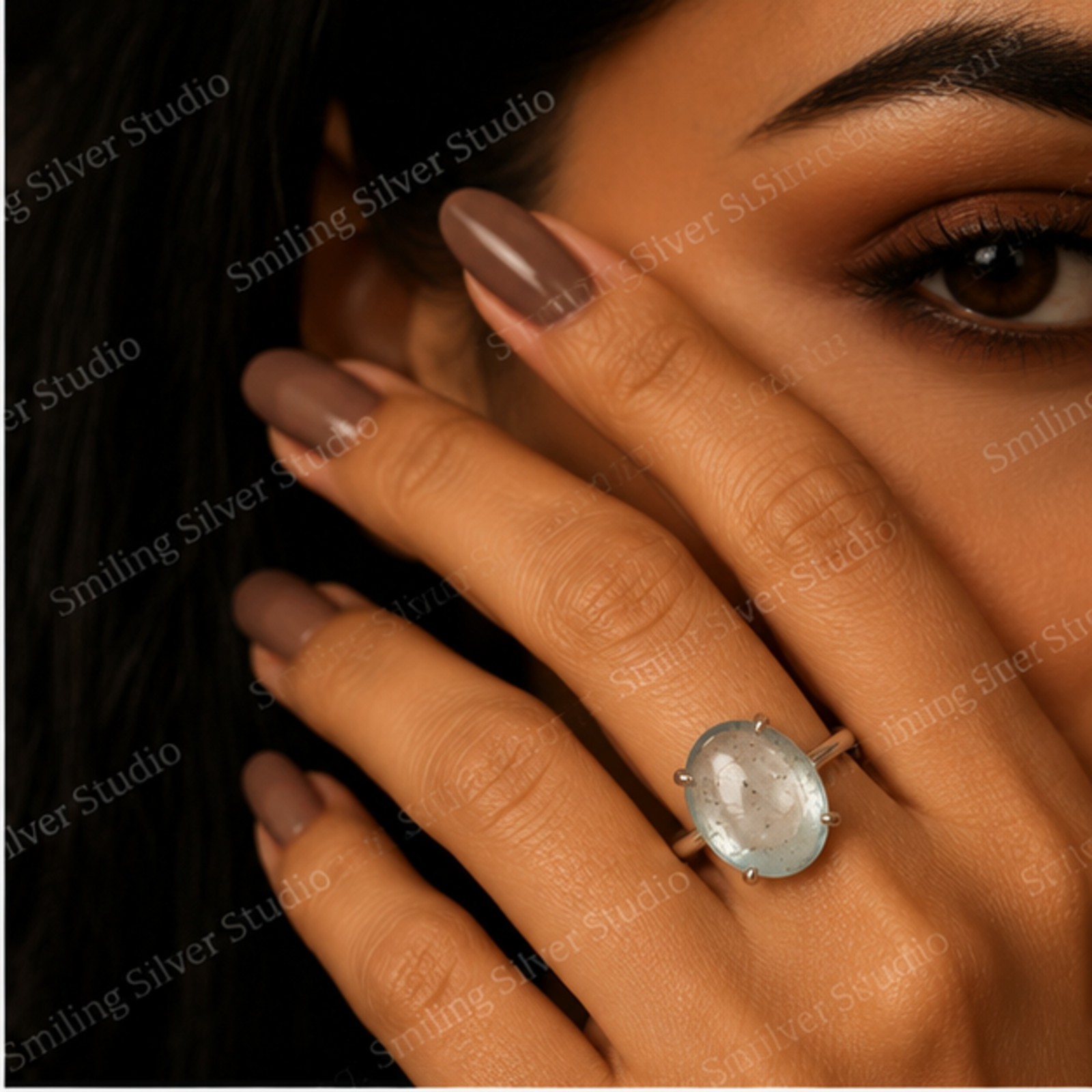 925 Sterling Silver Oval Green Cabochon Aquamarine Ring Minimalist Handmade Ring