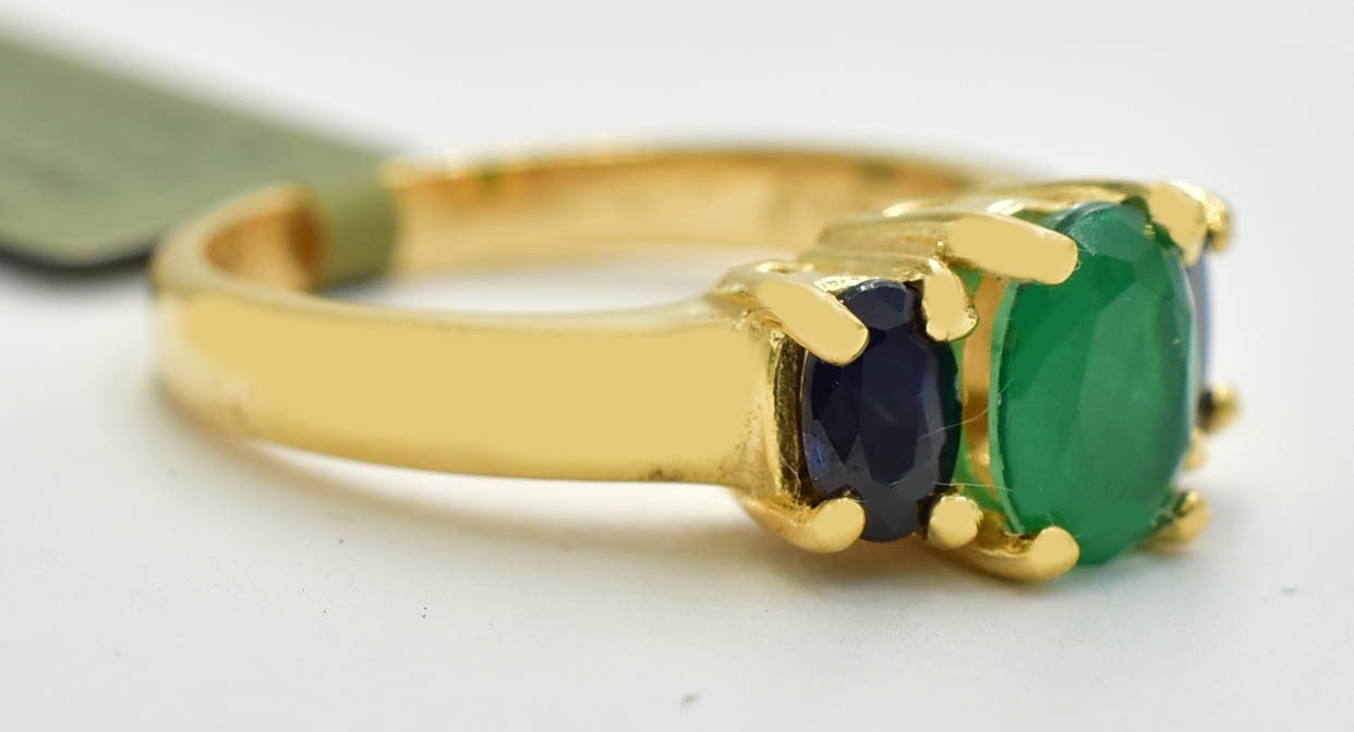 GENUINE 1.08 Cts EMERALD & BLUE SAPPHIRE RING 10K SOLID YELLOW GOLD -NWT
